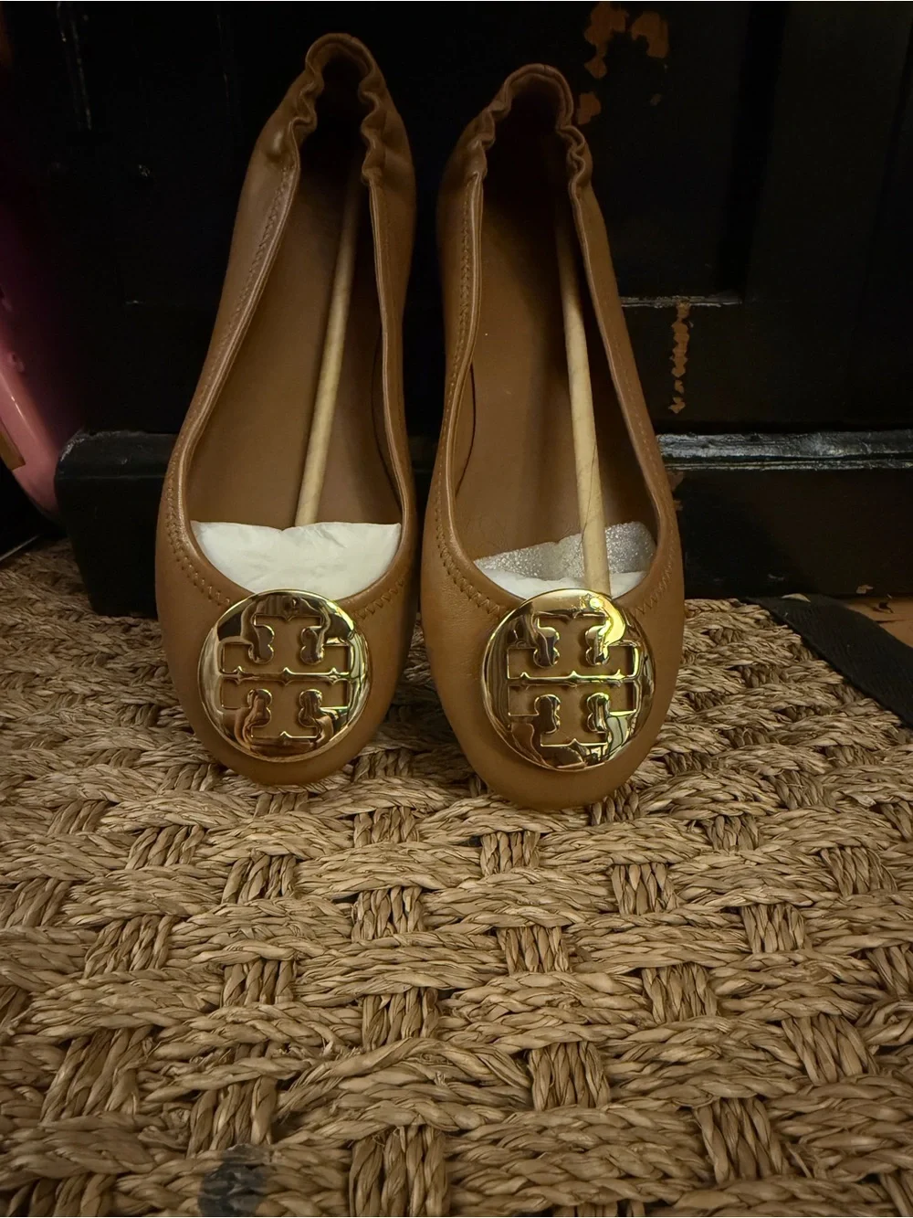 Tory Burch Tan Leather Ballet Flats with Gold Logo